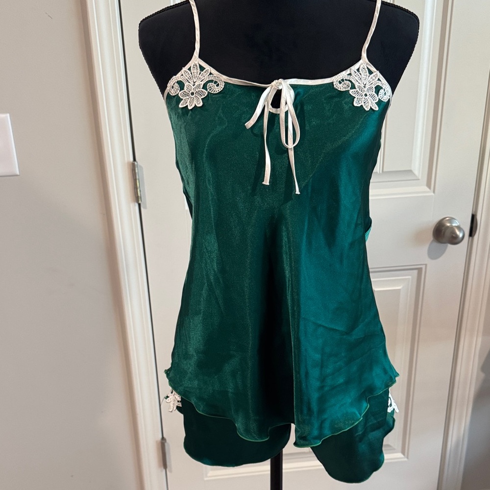 Emerald Green Satin Camisole & Short Set with White Lace Trim
